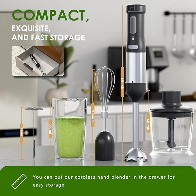 Cordless Immersion Hand Blender, 5-in-1 Variable Speed blender handheld,Rechargeable with 2000mAh Battery, BPA-Free & Dishwasher-Safe Accessories:700ml Beaker,Chopper,Whisk & Milk Frother,Black