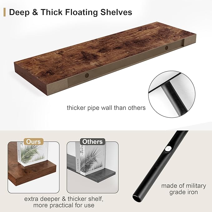 12" Deep Rustic Brown Floating Shelves,Over Toilet Long Wall Mounted Modern Farmhouse 36 inches,Wall Shelves with Invisible Brackets for Bedroom, Bathroom, Living Room, Kitchen, Set of 1