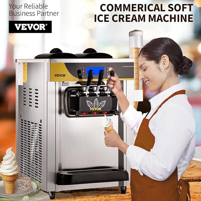 VEVOR Commercial Ice Cream Maker, 22-30L/H Yield, 2200W Countertop Soft Serve Machine with 2x6L Hopper 2L Cylinder LCD Panel Puffing Shortage Alarm, Frozen Yogurt Maker for Restaurant Snack Bar, Silve