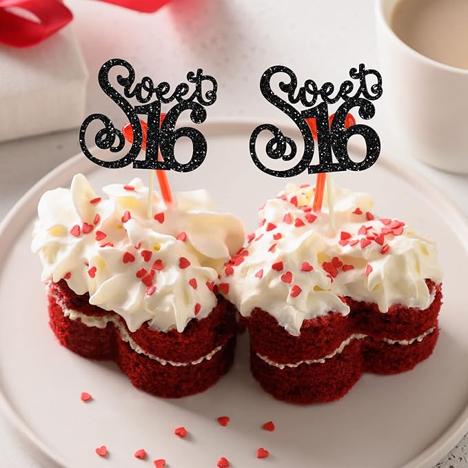 Gyufise 24 Pack 16th Birthday Cupcake Toppers Glitter Sixteen Happy Sweet 16 Cupcake Picks Cheers to 16 Years Old Cupcake Decorations for 16th Birthday Anniversary Party Cake Decorations Black