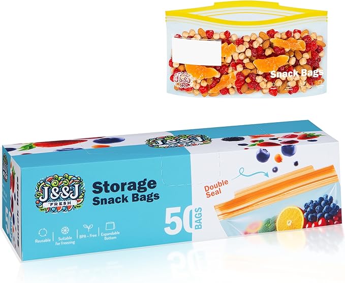 J&&J Fresh Storage Snack Bags, 50 Pack — Reusable Snack Bags, BPA-Free, Leakproof — Expandable Bottom, Microwave-Safe, Strong Zipper Lock Seal — Snack Bag for Freezer & Fridge — Durable & Washable
