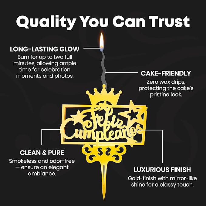 Feliz Cumpleanos Reusable Gold Romantic Cake Candle - Luxury Cake Topper Candle for Birthdays, Weddings & Anniversaries - Reusable Food Safe Acrylic, Shiny Mirror Finish - Happy Birthday Cake Topper