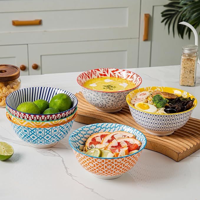 Ceramic Soup Bowls Set - 24 Oz Deep Cereal Bowl - 6 Inch Large Kitchen Dinner Bowl Eating Pasta Salad Dessert Noodle Rice Oatmeal - Microwave Dishwasher Safe - Set of 6 - Assorted Colors