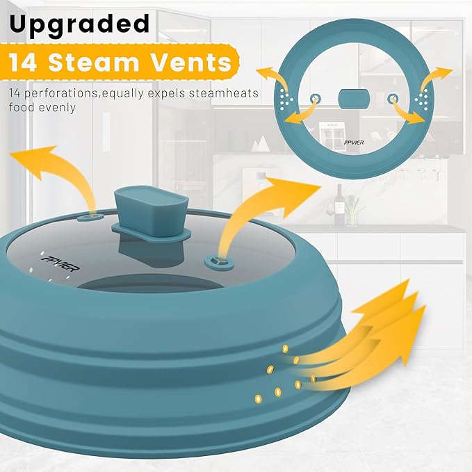 Microwave Splatter Cover, Vented Silicone and Glass Cover Splatter Guard Lid, Food Collapsible Plate Cover Lid with Easy Grip Handle. (Blue, 9 inch)