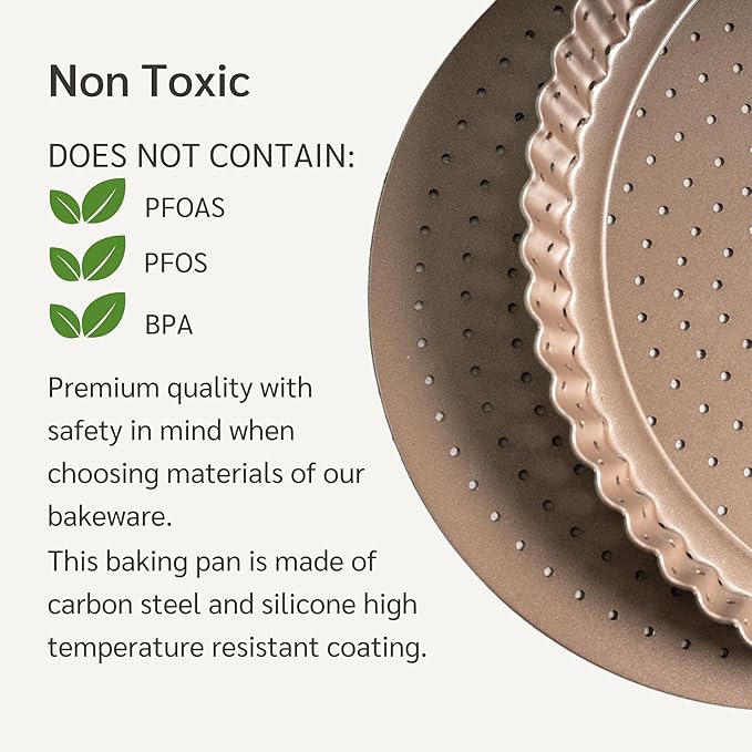Nonstick 9 Inch Tart Pan with Removable Bottom | PFOA & BPA Free Non Toxic Fluted Pie & Quiche Tin | Best Perforated Non Stick Nontoxic 9in Molds with Holes for Baking