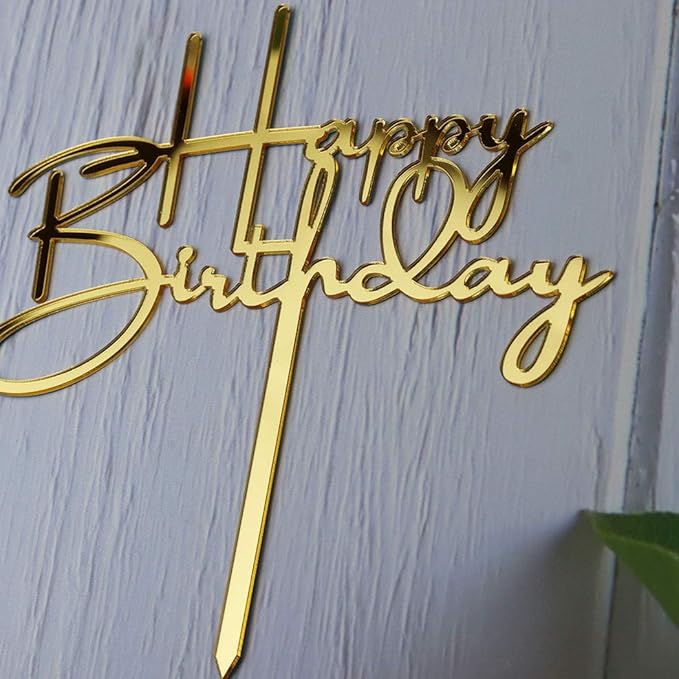 Happy Birthday Cake Topper for Birthday Party Decorations, Mirror Gold Acrylic