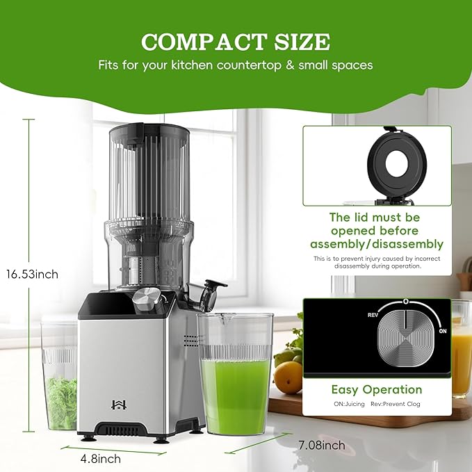 Cold Press Juicer, Juicer Machines with 4.35'' Wide Feed Chute, Stainless Steel Masticating Juicers Easy to Clean, Ergonomic Operational Panel Design, High Juice Yield, Platinum Color Knob