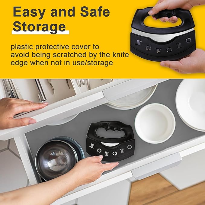 XoYoZo Pizza Cutter Salad Chopper Large Stainless Steel Blade with Cover, Dough Rocker Mezzaluna Knife for Kitchen Gadgets