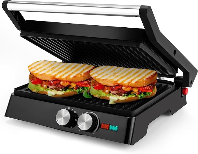 Pukomc Panini Grill Press,Sandwich Maker Press,Contact Grill, 1400W Non-Stick Grill, 60-Minute Timer, 180 Degrees Opening, Stainless Steel