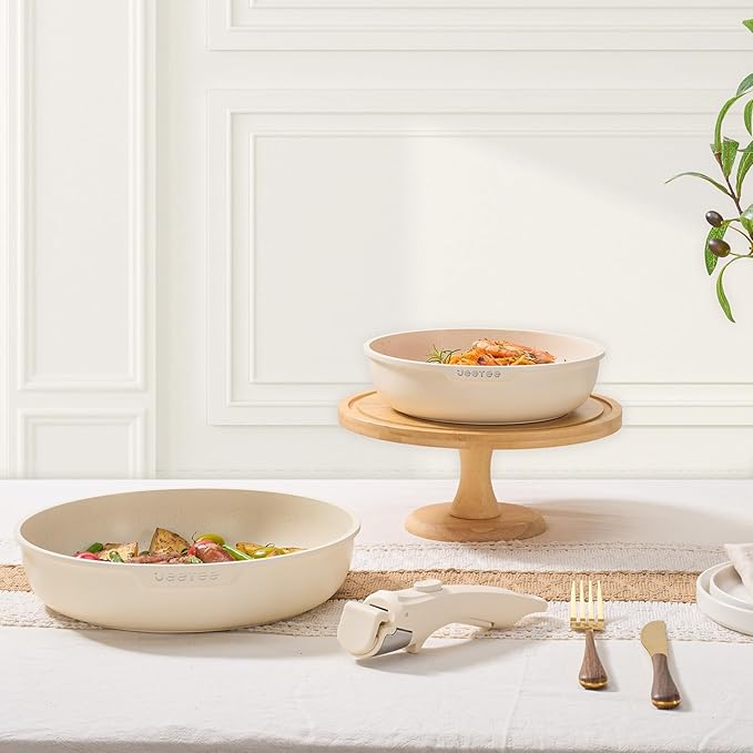 JEETEE Pots and Pans Set Non Stick 20 Pcs, Cookware Set Detachable Handle, RV Kitchen Cooking Set Removable Handles, Stackable Non-stick Set, Oven Safe, Beige