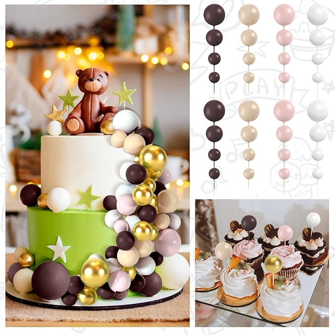 48 Pcs Balls Cake Topper Decorations Balloon Cupcake Toppers Foam Cake Topper Balls for Birthday Party Wedding Cake Decorating(Brown,White,Gold)