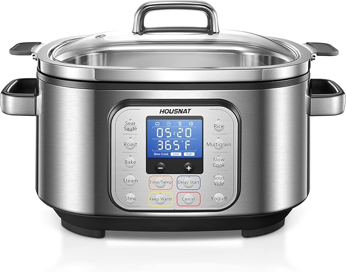 HOUSNAT Slow Cooker, 10 in 1 Programmable Pressure Cooker, 304 Stainless Steel Rice Cookers, Yogurt Maker, 6 QT Sous Vide, Delay Start, Adjustable Temp& Digital Time for Large Families or Entertaining