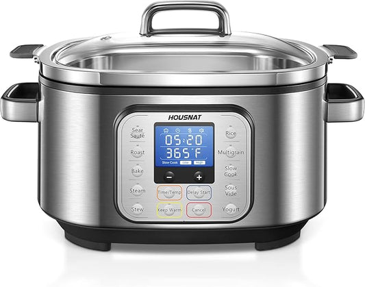 HOUSNAT Slow Cooker, 10 in 1 Programmable Pressure Cooker, 304 Stainless Steel Rice Cookers, Yogurt Maker, 6 QT Sous Vide, Delay Start, Adjustable Temp& Digital Time for Large Families or Entertaining