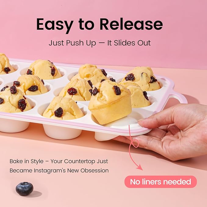 Silicone Muffin Pans for Baking 1 Pack, 2.6 Inch with Metal Reinforced Frame, Regular Size Nonstick Silicone Cupcake Pan for Baking Homemade Muffins, Cupcakes, Dishwasher Safe BPA Free-Pink