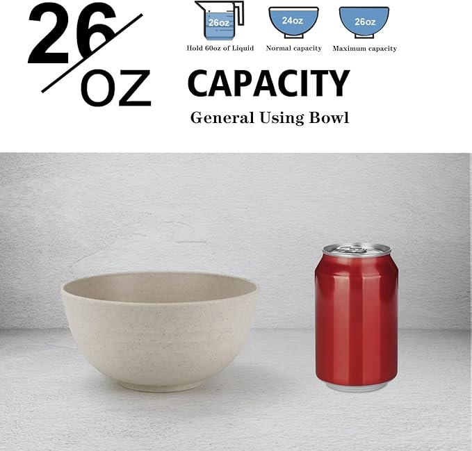 Wheat Straw Bowl Sets,8 PCS Unbreakable Cereal Bowls 26 OZ,Microwave and Dishwasher Safe Bowls, Kitchen Bowl suitable for cereal,salad,snack and soup (Beige)