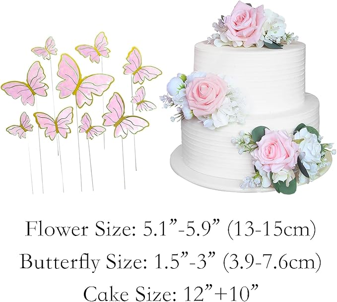 Rinlong 3Pcs Pre-made Blush Pink Cake Flowers Decorations Flower Cake Topper Butterfly Cake Decorating Flowers for Wedding Sweet 16 Birthday Girl