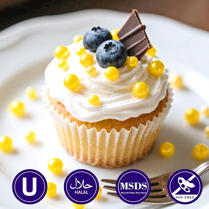 Dazzjoy Edible Pearls, Yellow Pearl Sugar Sprinkles, 130g/4.58oz, Yellow Ball Pearls for Cake Decorating, Cupcake Toppers, Edible Cake Decoration