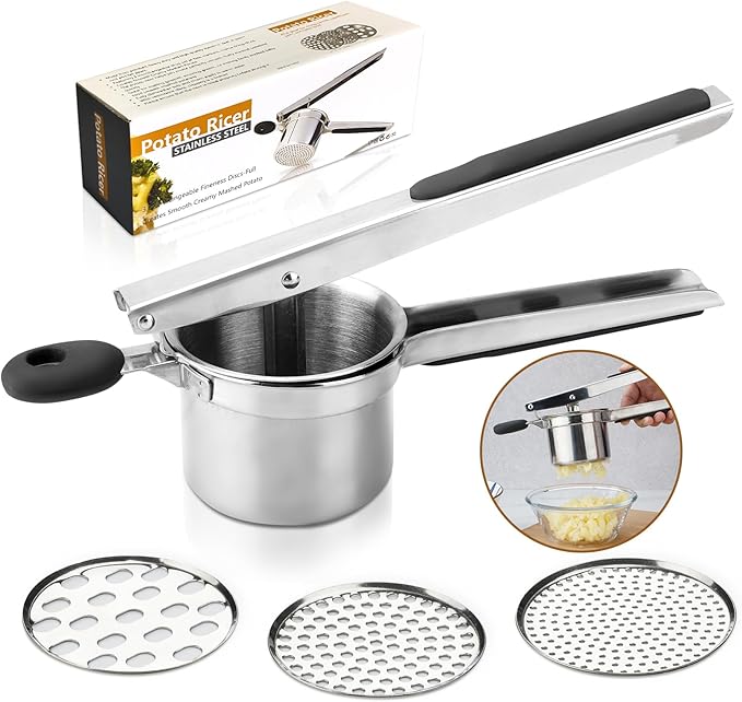 Potato Ricer 3 Interchangeable Discs Stainless Steel Potato Shredder for Smooth and Fluffy Mashed Potatoes, Puree, Fruit Juice, Baby Food (Silver)