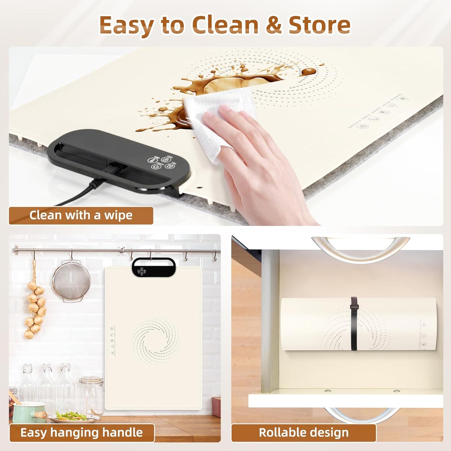 Electric Warming Tray with 7 Adjustable Temperatures, Hanging & Foldable Food Warmer Mat with Child Lock, 11 Timer Settings, Fast Heating Plate for Buffet, Paties, Family Gatherings, Holidays, Beige