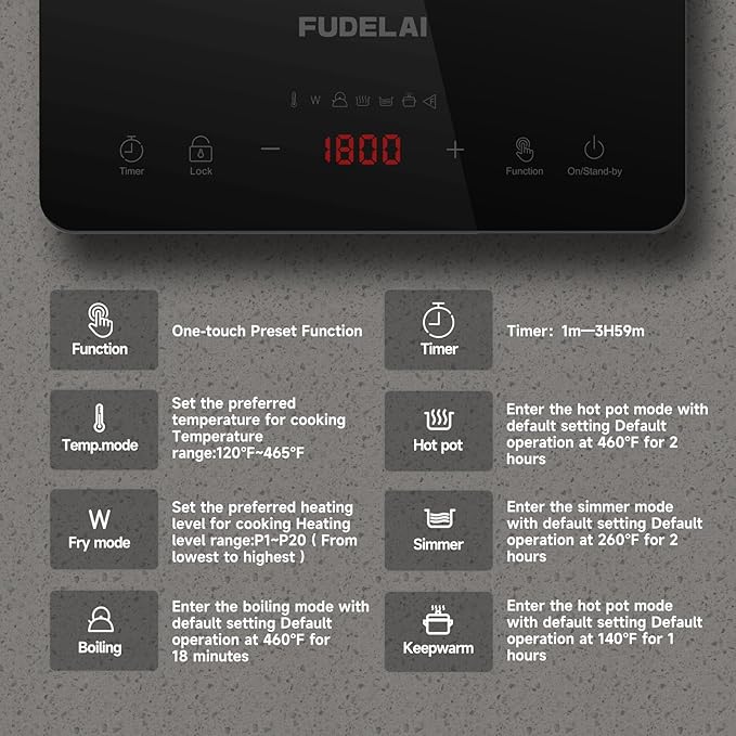 Portable Induction Cooktop 1800W Countertop Burner with 20 Temp/Power Settings, Child Lock & Turbo Cooling - 6.9" Sensor Coil, Hot Pot Mode, RV/Camping Safe Cooker for Dorm RV Kitchen (Black)