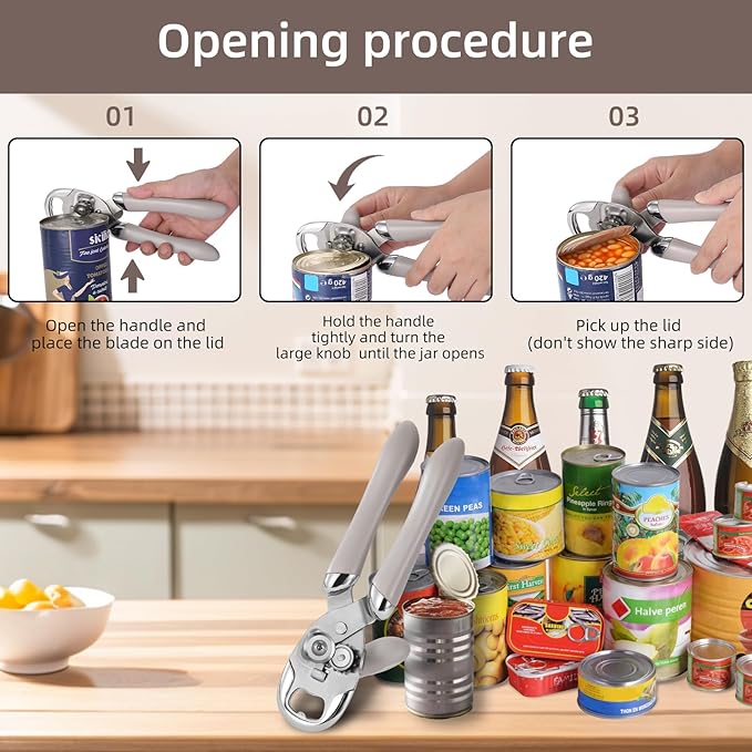 Multi-function Manual Can Opener Bottle Opener, Oversized Hand-held Easy Rotary Knob, Safe Cut Can Opener with Non-Slip Handle, Smoother Cut Sharp Blade for Seniors Kitchen Tool, Grey