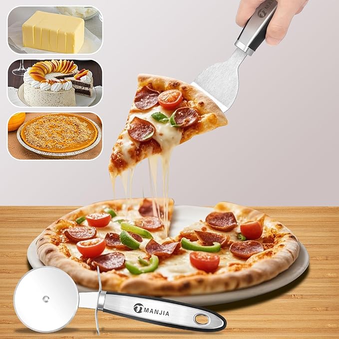 MANJIA Perforated Pizza Peel Aluminum 12 Inch Pizza Paddle Spatula Non-stick Metal Pizza Paddle with Rocker Cutter (12"x 14") Pizza Spatula Paddle Set for Family Homemade Baking Pizza Oven (black)