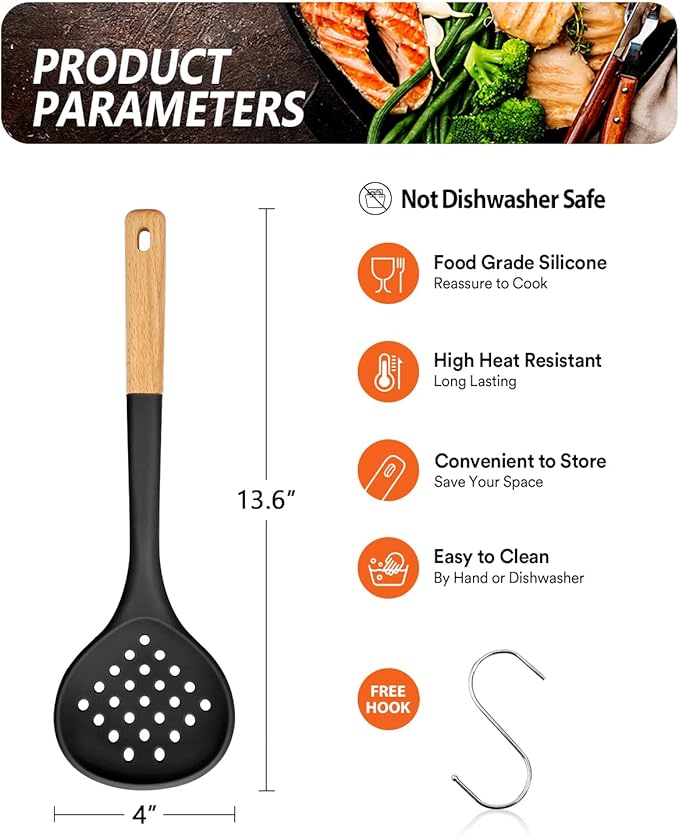 Kitchen Ladle Strainer, Large Slotted Spoon with High Heat Resistant BPA Free, Non Stick Cooking Skimmers For Draining & Frying, 13.2inch (Black)