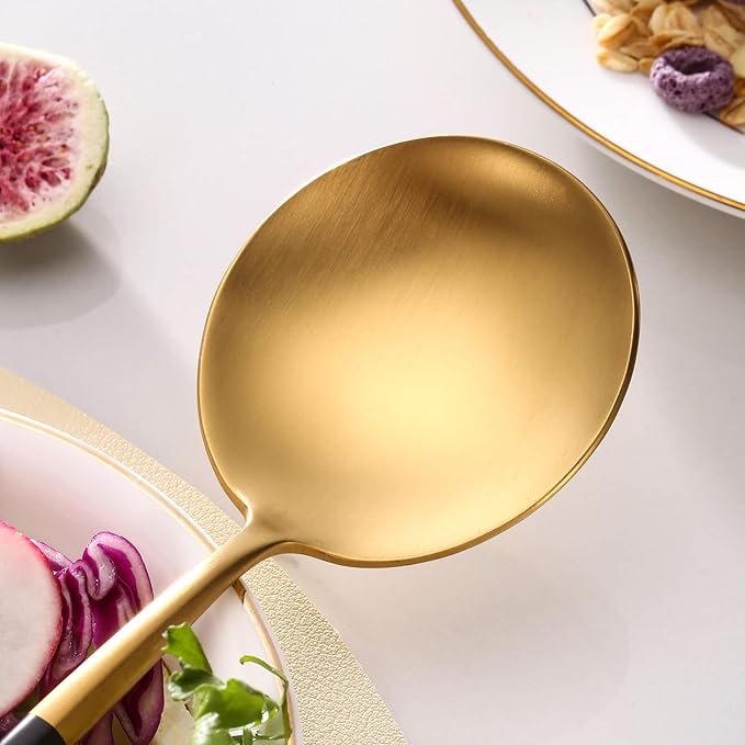 Black Gold Salad Serving Utensils, Stainless Steel Spoons, 2Pcs Long Handle Servers 11.42 Inch, Matte Finish, Dishwasher Safe