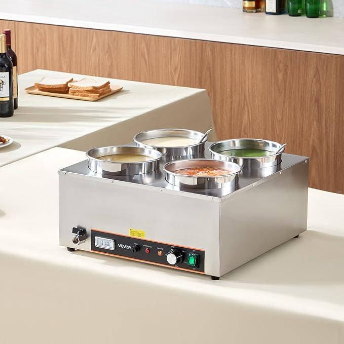 VEVOR Electric Soup Warmer, Four 6.34QT Stainless Steel Round Pot with 86~185°F Adjustable Temp, 1500W Commercial Bain Marie with Anti-Dry Burn and Reset Button, Soup Station for Restaurant, Buffet