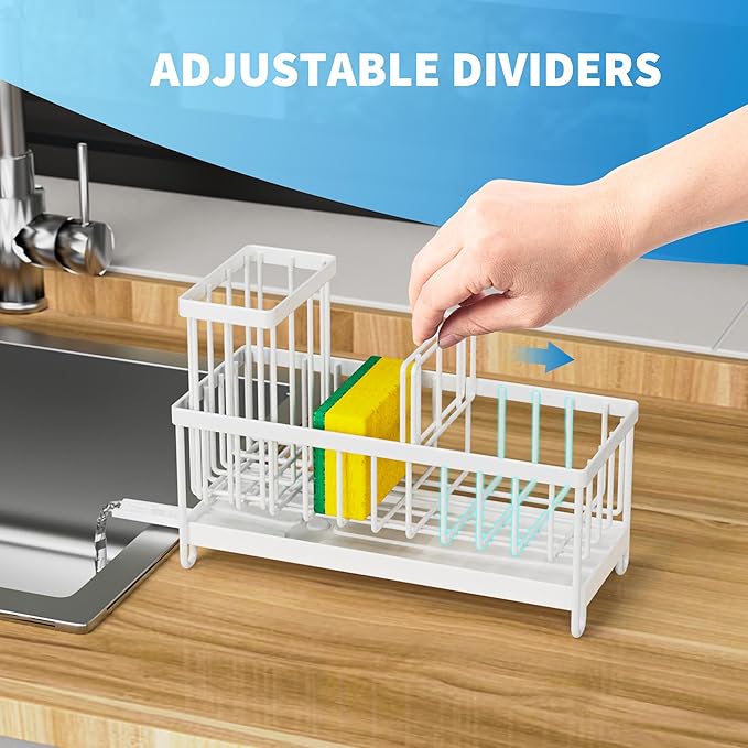 Cisily White Sponge Holder for Kitchen Sink, Sink Caddy Organizer with High Brush Holder, Kitchen Countertop Organizers and Storage Essentials, Rustproof 304 Stainless Steel, Soap Dispenser Organize