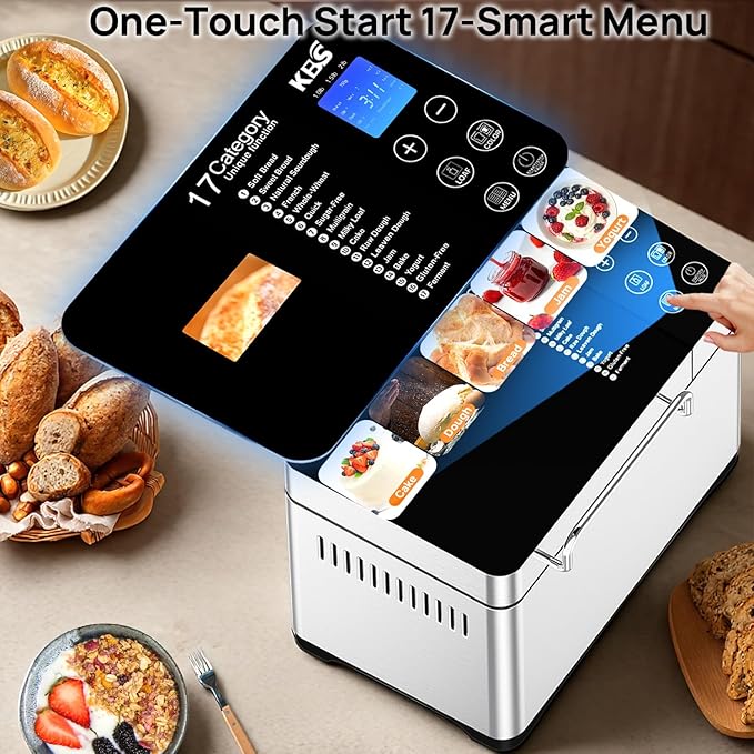 KBS Pro Stainless Steel Bread Machine, 2LB 17-in-1 Programmable XL Bread Maker with Fruit Nut Dispenser, Nonstick Ceramic Pan& Digital Touch Panel, 3 Loaf Sizes 3 Crust Colors, Reserve& Keep Warm Set