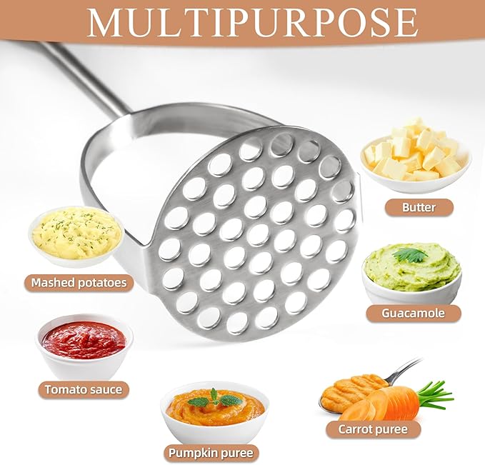 Heavy Duty Mashed Potatoe Masher, Professional Integrated Stainless Steel Potato Masher, Food Masher for Avocado, Potatoes, Beans, Meat, Vegetables, Dishwasher Safe (Heavy Duty stainless steel Masher)