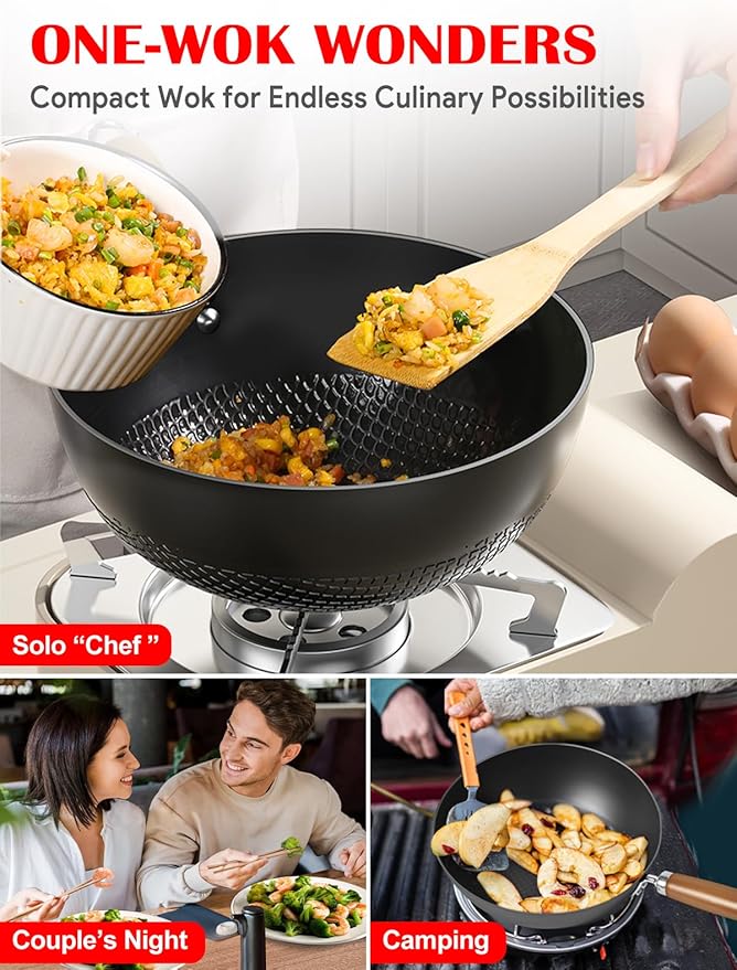 Carbon Steel Pan, 9.5-Inch Stir-Fry Woks & Pans Set with Glass Lid, 1.65lb Lightweight No Chemical Coated Flat Bottom Small Wok for 1-2 Servings