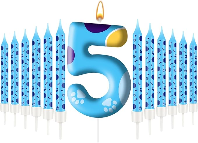 13PCS Blue Dog Paw Birthday Candles Set Cake Topper Numeral Birthday Candles for Boy Girl Dog Paw Decoration(Number 5)