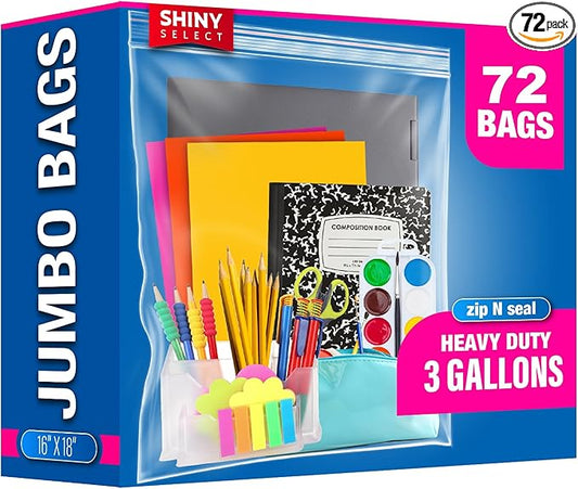 [ PACK OF 72 ] Large Resealable 3 Gallon Clear Reclosable Bags for Freezer, Brining, Food Storage, Bedding, Clothing, Organization, Moving, Packing or Travel 16" x 18" Jumbo Size