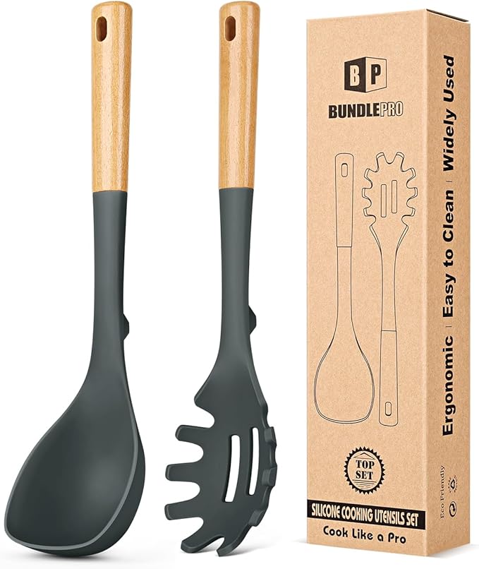 Silicone Soup Ladle and Spaghetti Spoon Set with Wooden Handle, Non Stick Heat Resistant Kitchen Utensils for Cooking, Stirring, Serving Pasta, Soup & Sauce(GRAY)