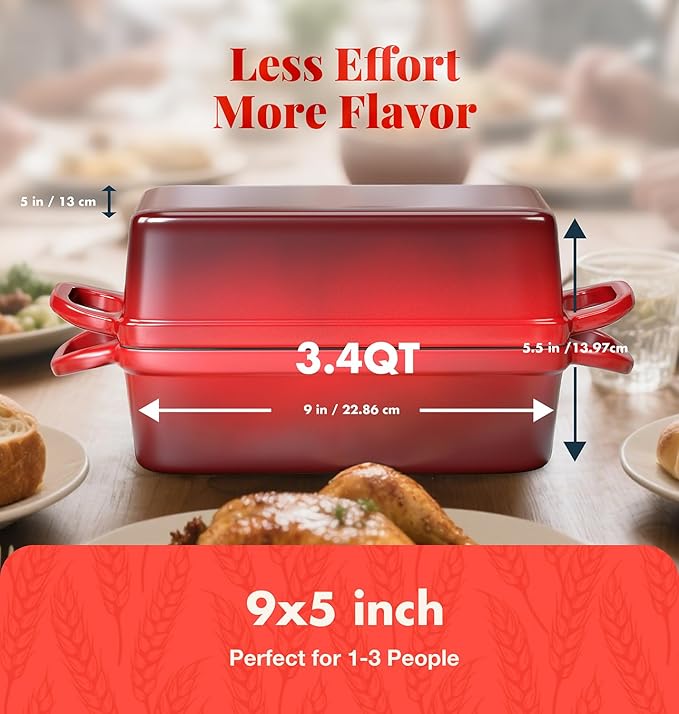 2 IN 1 Cast Iron Bread Loaf Pan with Lid, 3.4QT 9x5 Inch Dutch Oven for Bread Baking, Even Heating Bread Oven, Enameled Bread Pan for Homemade Sourdough Bread Baking & Versatile Cooking, Red