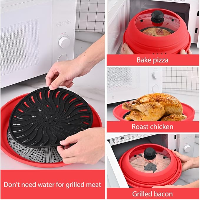 Microwave Splatter Silicone Cover Collapsible, Vented Multifunction Splash Lid with Glass Dish Bowl Plate for Food Cooking Bacon Maker, Dishwasher Safe BPA-Free 10.5 inch Cookware Set with Gloves