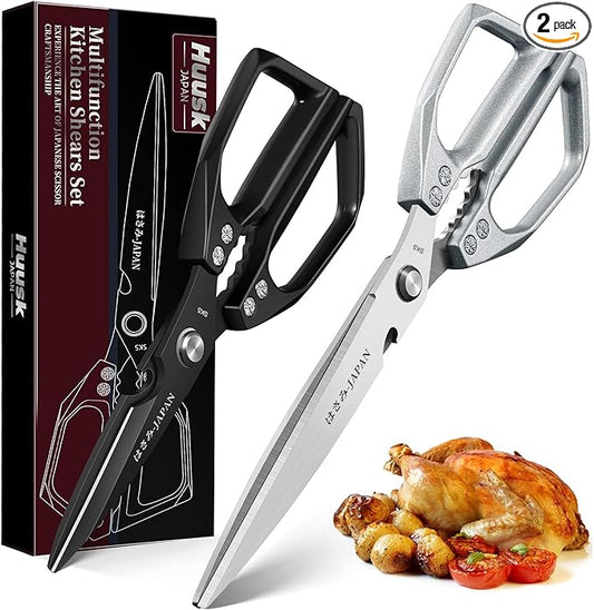 HUUSK Kitchen Scissors Set Upgraded - Stainless Steel Kitchen Shears, Sharp Meat Scissors, Heavy Duty Poultry Shear, Japanese Cooking Scissor for Food, Chicken Bones, and Turkey - Dishwasher Safe