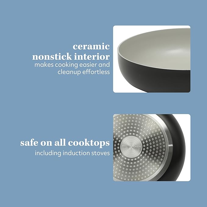 Sur La Table Kitchen Essentials Potluck Porch 4.5 Quart Sauté Pan, Deep Frying Pan Skillet w/Lid Aluminum PFA Free Ceramic Cookware Chef's Pan, Omelet Pan - Induction - Black