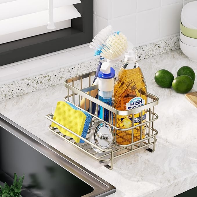 HapiRm Kitchen Sink Caddy Organizer - Versatile Sponge Holder with Drain Tray, SUS304 Stainless Steel Rustproof Kitchen Sink Organizer Storage for Countertop- Brushed Nickel