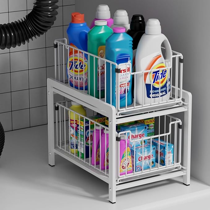 2 Tier Sliding Basket Drawer Organizer, Pull Out Under Sink Cabinets Organizers, Metal Home Shelf for Bathroom or Kitchen, Sliding Countertop or Pantry Storage Shelf, Large White