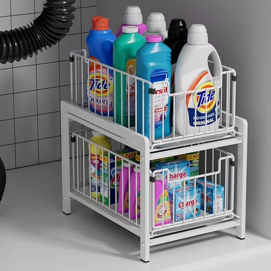 2 Tier Sliding Basket Drawer Organizer, Pull Out Under Sink Cabinets Organizers, Metal Home Shelf for Bathroom or Kitchen, Sliding Countertop or Pantry Storage Shelf, Large White