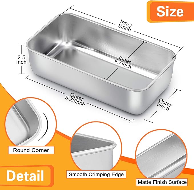 E-far Loaf Pan for Baking Bread, 9 x 5 Inch Stainless Steel Baking Loaf Pan, Metal Bakeware for Bread Meatloaf Cake Brownies, Healthy & Non Toxic, Brushed Finish & Easy Release, Oven & Dishwasher Safe