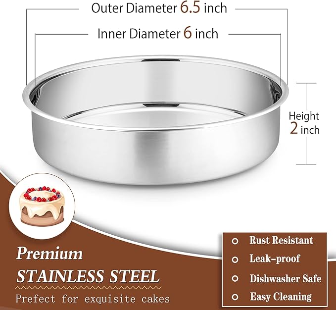 P&P CHEF 6 Inch Round Cake Pan Set of 3, Stainless Steel Round Baking Layer Pans Bakeware for Layer Birthday Cake, Fit Oven/Pots/Pressure Cooker, Leakproof & Dishwasher Safe, Silver
