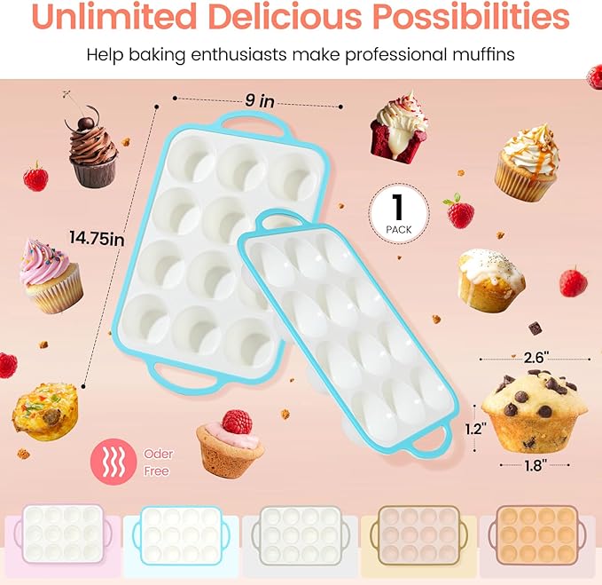 Silicone Muffin Pans for Baking 1 Pack, 2.6 Inch with Metal Reinforced Frame, Regular Size Nonstick Cupcake Pan 12 Cups for Baking Homemade Muffins, Dishwasher Safe BPA Free-Blue