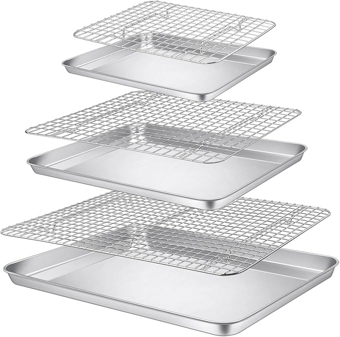 P&P CHEF 16 + 12.5 + 9 Inch Baking Sheet and Rack Set, Stainless Steel Cookie Sheets Oven Baking Pans Trays with Cooling Racks for Cooking & Roasting, Oven & Dishwasher Safe, (6Pcs)