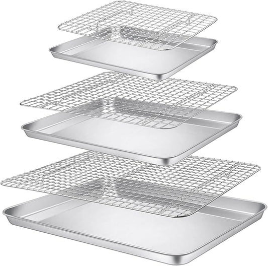 P&P CHEF 16 + 12.5 + 9 Inch Baking Sheet and Rack Set, Stainless Steel Cookie Sheets Oven Baking Pans Trays with Cooling Racks for Cooking & Roasting, Oven & Dishwasher Safe, (6Pcs)