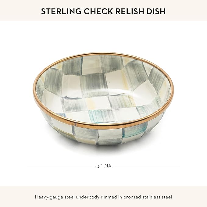 MACKENZIE-CHILDS Enamel Relish Dish, Small Serving Bowl for Entertaining, Gray-and-White Sterling Check