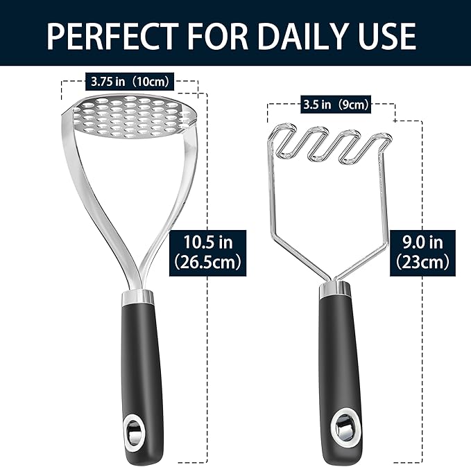 18/0 Stainless Steel Potato Mashers, 10.3-inch, Non-slip Handle, Kitchen Tool for Avocado Vegetable Sauce Butter Pumpkin Puree Bean, Dishwasher Safe, Pack of 2